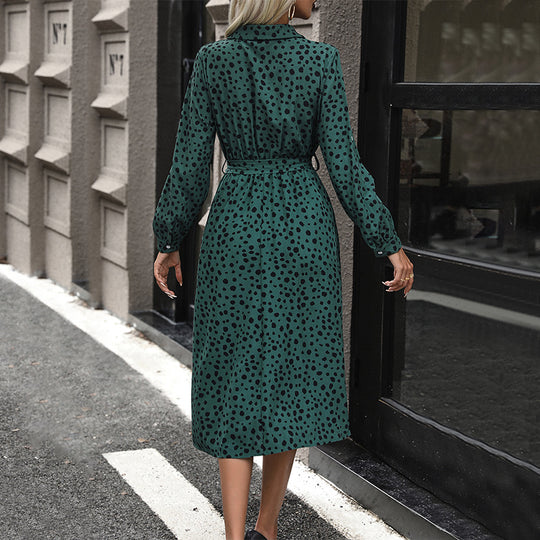 Damen Midi-Kleid mit punktiertem Muster und tailliertem Gürtel EB