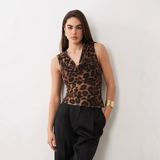 Damen Cowl-Neck Top mit Leopardenmuster EB