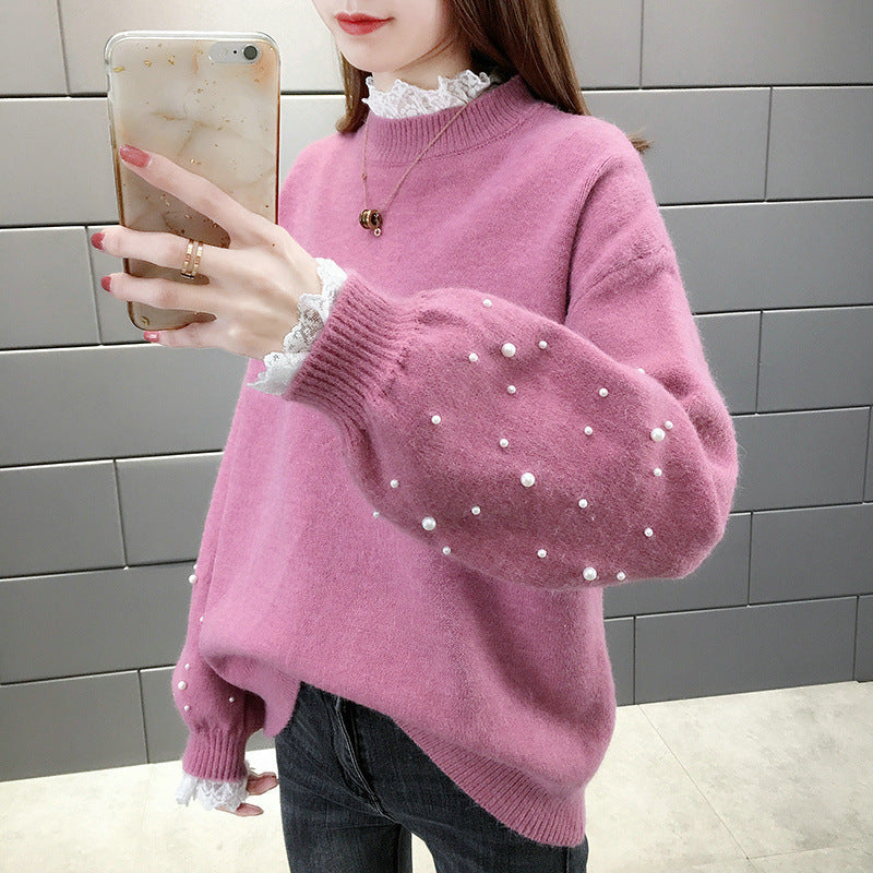 Damen trendiger Strickpullover mit Perlendetails und voluminösen Ärmeln EB