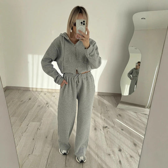 Damen Kurzgeschnittenes Zip-Hoodie mit Kordelzug‑Taille und weiter Palazzo‑Jogginghose EB