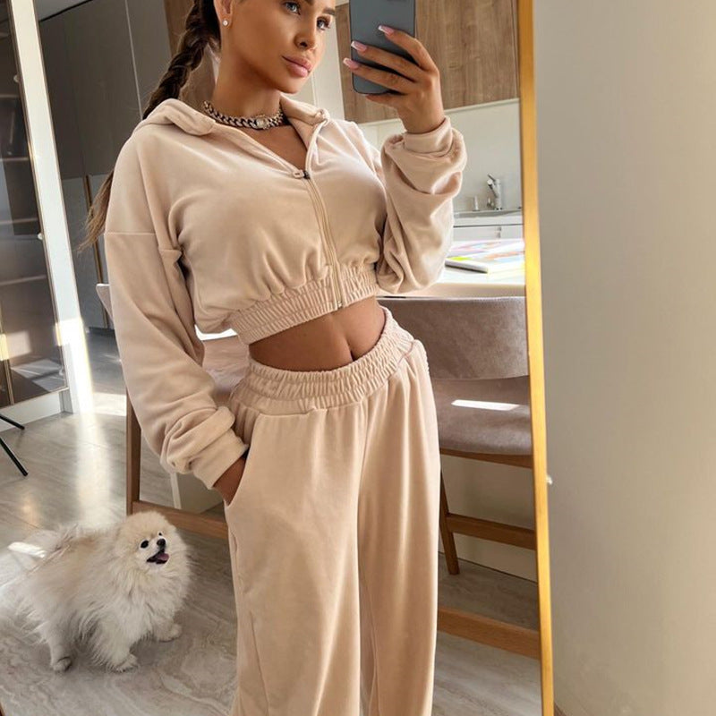 Damen nan kurzes Samt Trainingsset mit Reißverschluss Hoodie und weiter Bund Jogginghose EB