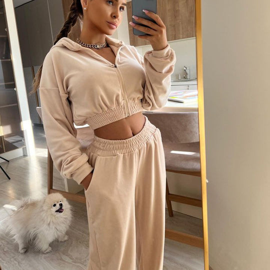 Damen nan kurzes Samt Trainingsset mit Reißverschluss Hoodie und weiter Bund Jogginghose EB