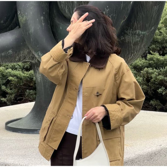 Damen modische Utility-Jacke mit klassischem Kragen und praktischen Taschen EB