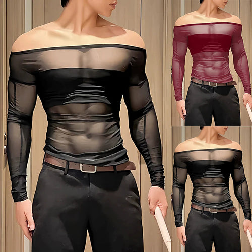 Damen nan transparentes Netz-Langarm-Oberteil mit blickdichtem Brustband und weitem Rundhalsausschnitt EB