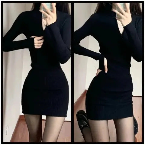 Damen figurbetontes Minikleid mit modernem Reißverschluss und Rippstruktur EB