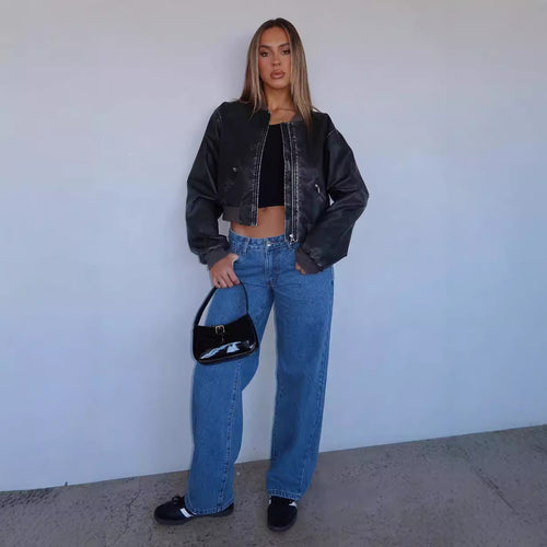 Damen lässige weite Jeans mit hohem Bund und modischem Schnitt EB