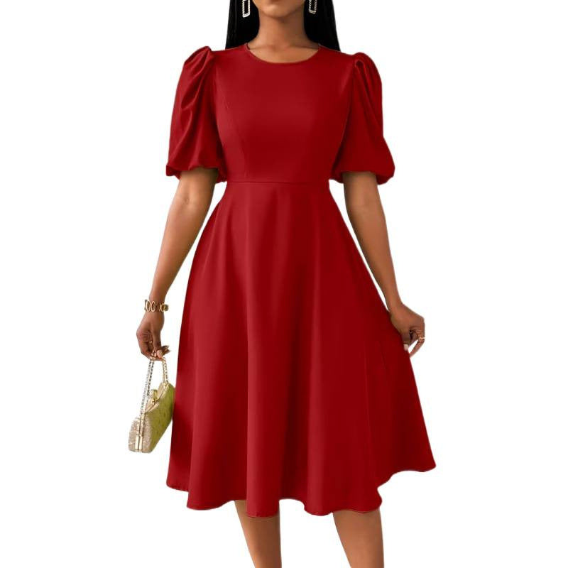 Damen Midi-Kleid mit Puffärmeln und schwingendem Saum EB
