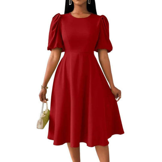 Damen Midi-Kleid mit Puffärmeln und schwingendem Saum EB