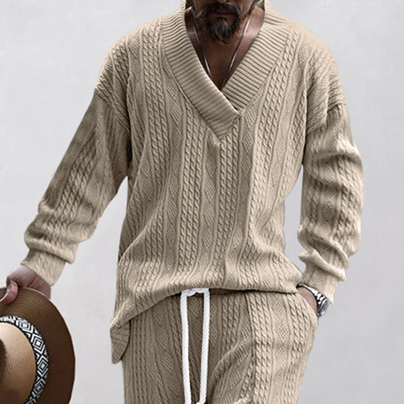 Herren lässiger Strickpullover mit V-Ausschnitt und Kabelmuster EB