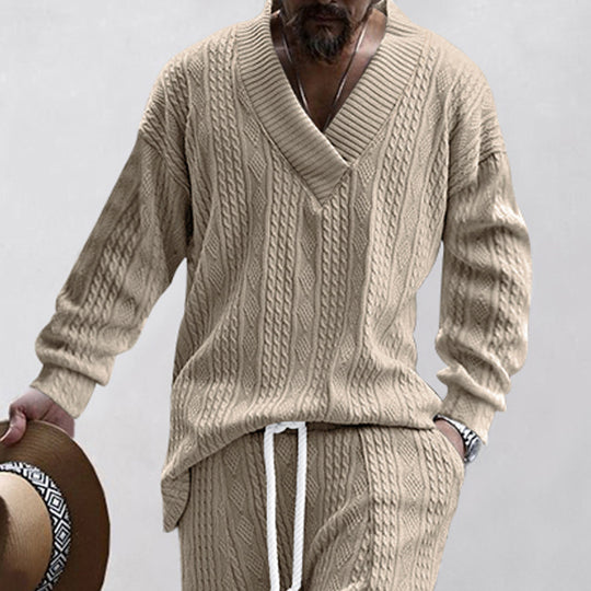 Herren lässiger Strickpullover mit V-Ausschnitt und Kabelmuster EB