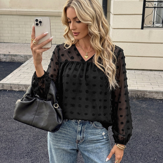 Damen Elegante Chiffonbluse mit 3D-Pompon-Applikation, V-Ausschnitt und elastischen Manschetten EB