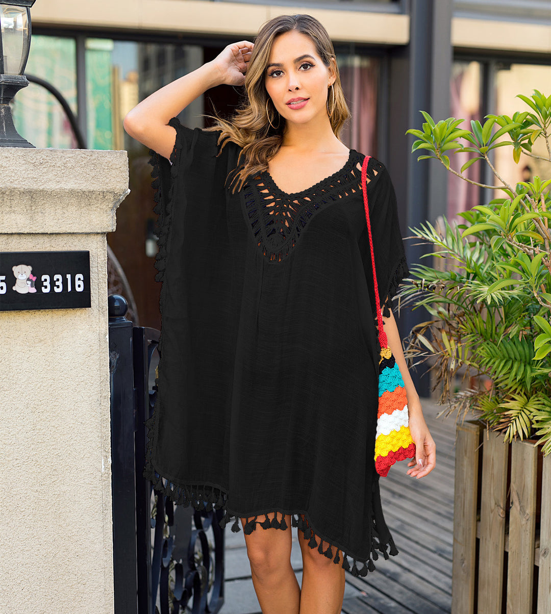 Damen luftiger Kaftan mit Fransen EB
