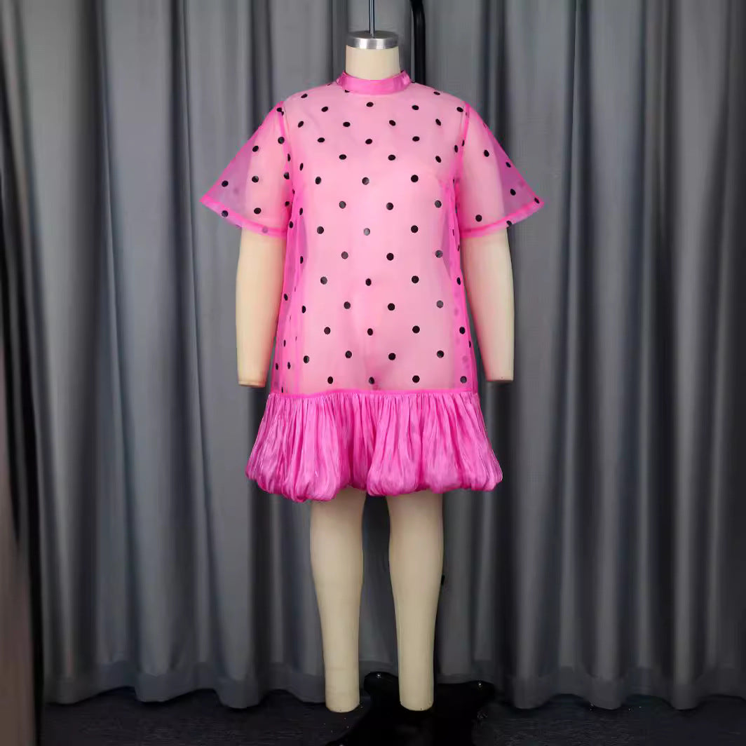 Damen durchsichtiger Polka-Dot Mini-Kleid mit Rüschensaum EB
