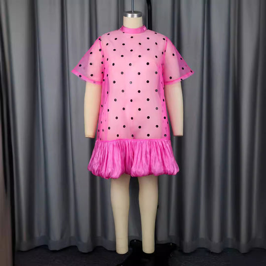 Damen durchsichtiger Polka-Dot Mini-Kleid mit Rüschensaum EB