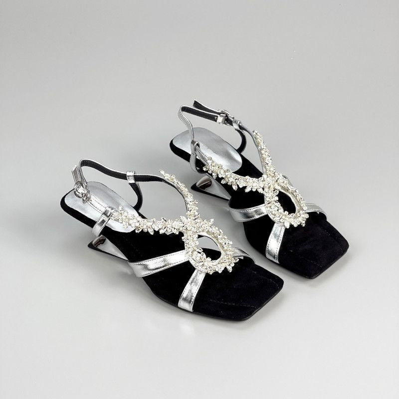 Damen elegante Slingback Sandalen mit funkelnden Kristallverzierungen EB