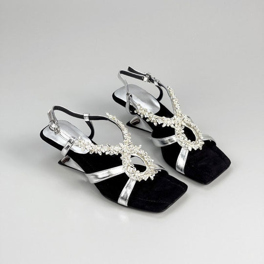 Damen elegante Slingback Sandalen mit funkelnden Kristallverzierungen EB