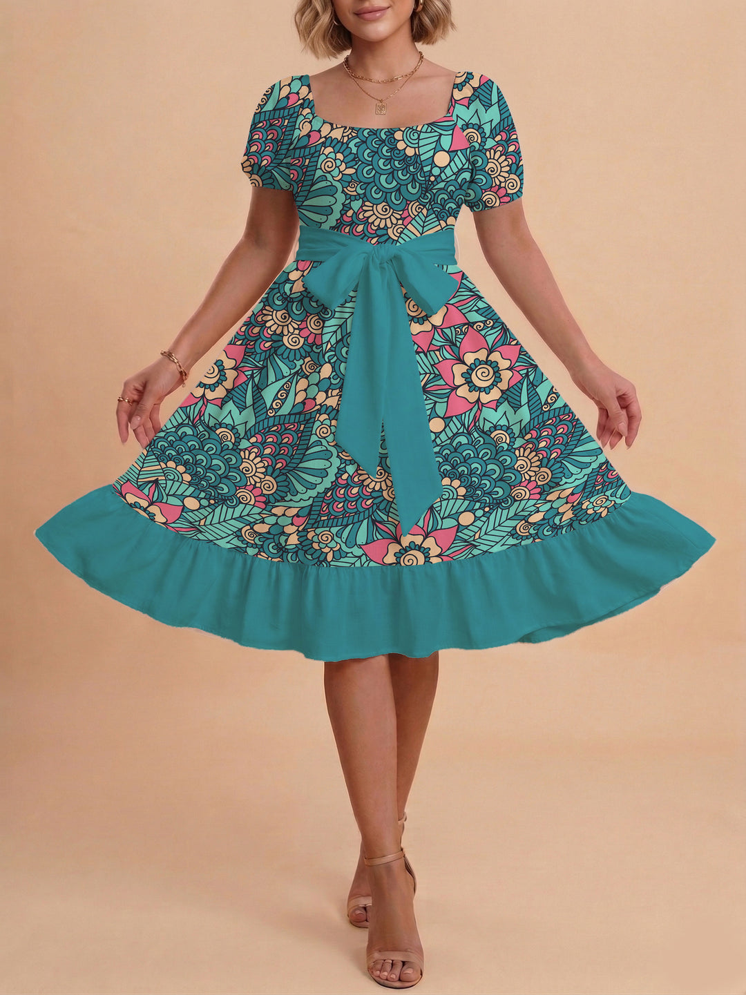 Damen modernes Blumenkleid mit elegantem Taillengürtel und asymmetrischem Saum EB