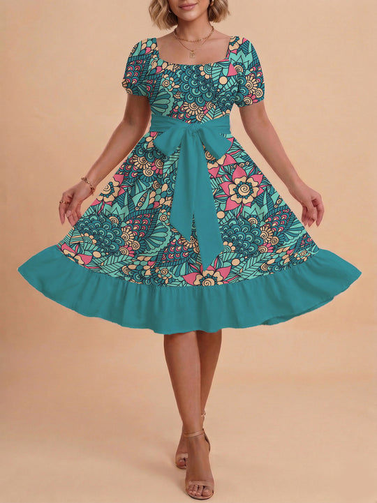 Damen modernes Blumenkleid mit elegantem Taillengürtel und asymmetrischem Saum EB