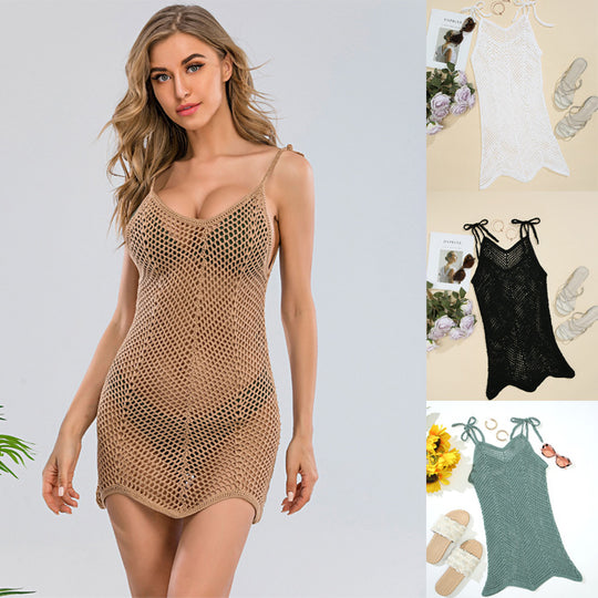 Damen Häkel-Strandkleid mit verstellbaren Trägern und dekorativem Netzdesign EB