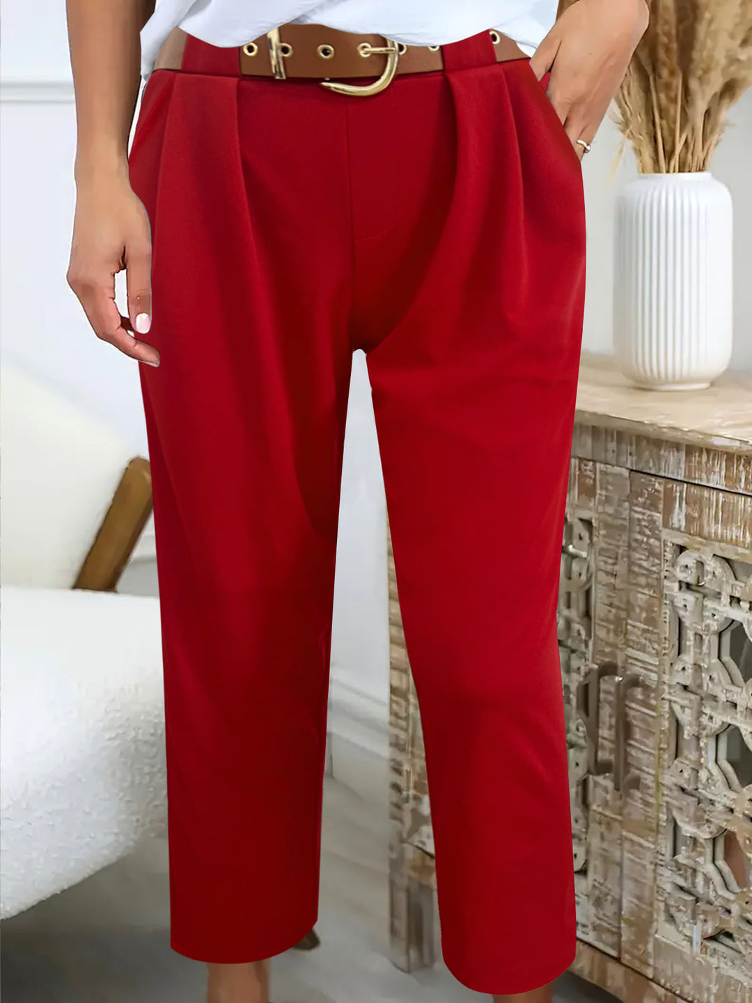 Damen Elegante High-Waist-Hose mit Falten-Details und Gürtel EB