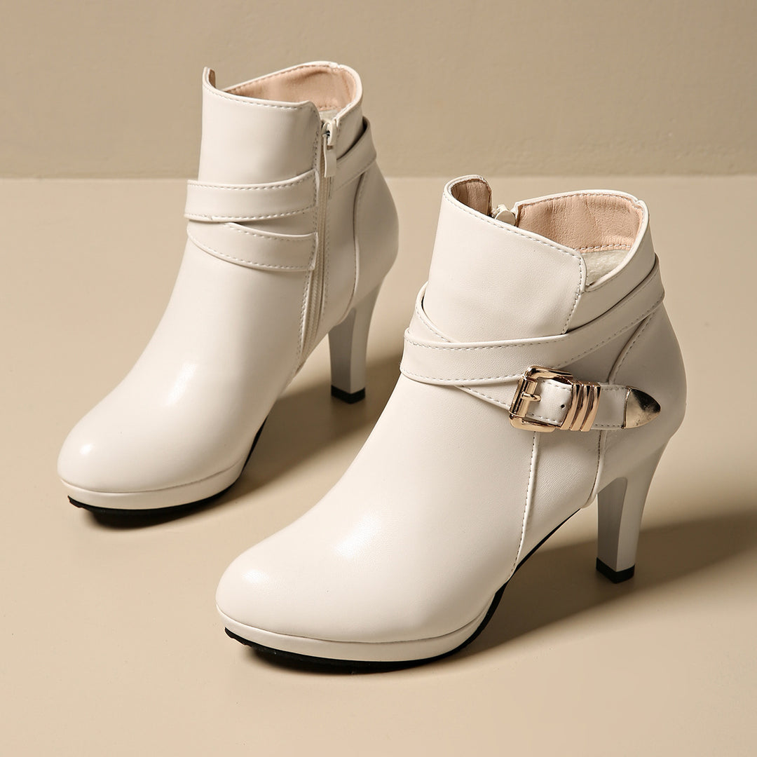 Damen Elegante Ankle-Boots mit hohem Absatz, seitlichem Reißverschluss und dekorativem Schnallengurt EB