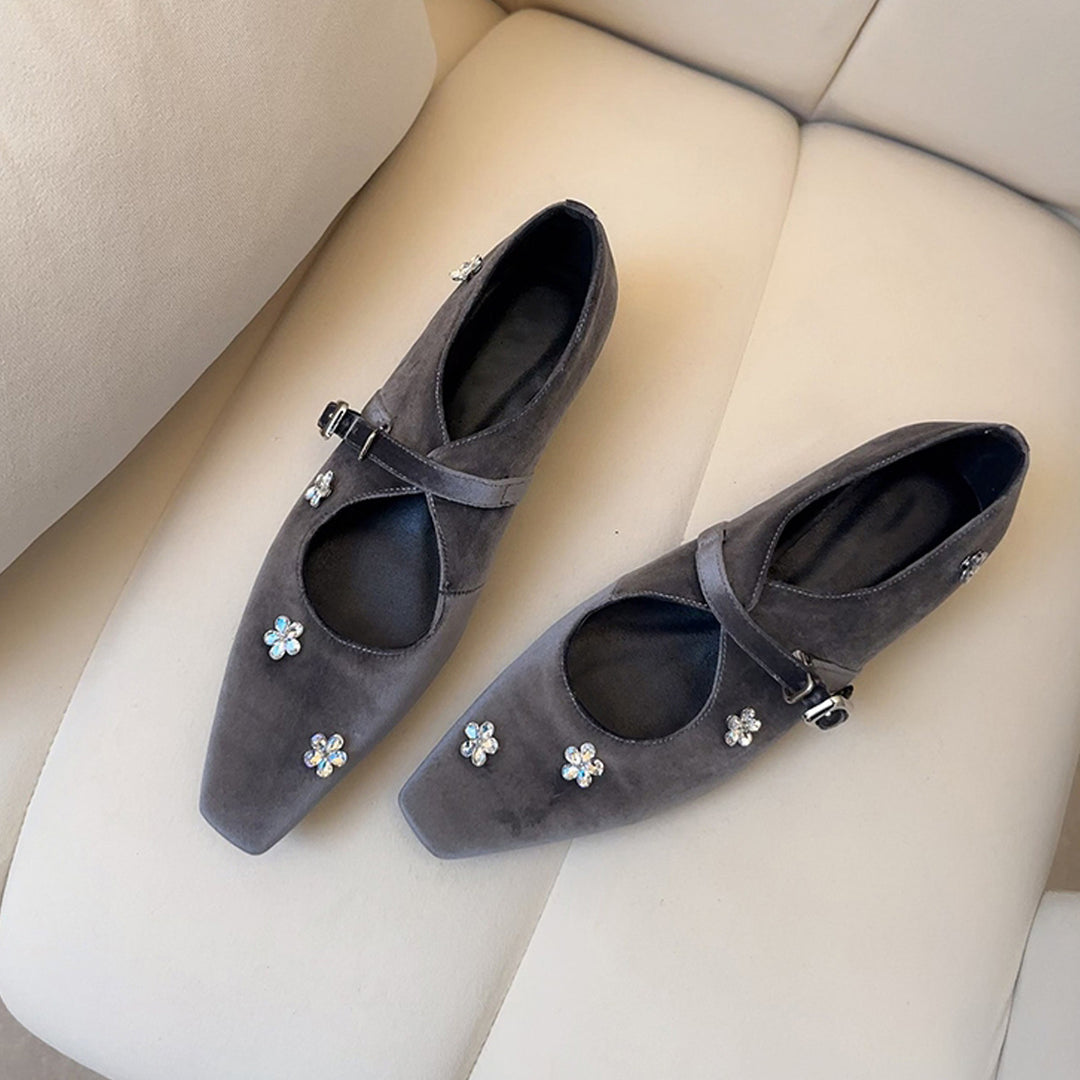 Damen Ballerina-Schuhe mit floralem Schmuckdetail und elegantem Riemendesign EB