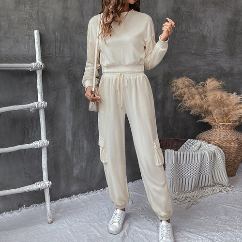 Damen lässiges Jogginganzug-Set mit Taschen und Bündchen EB