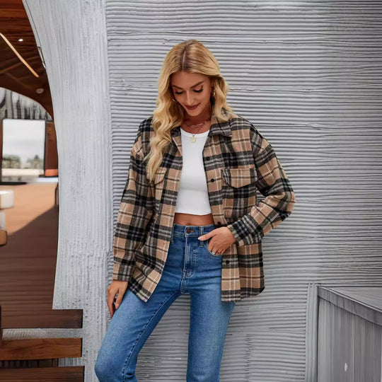 Damen Flanellhemdjacke im lässigen Karo-Design mit Brusttaschen EB