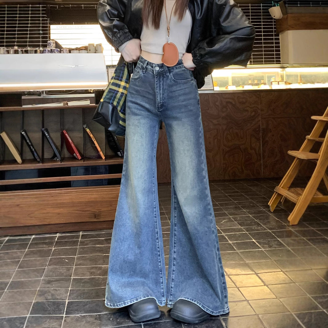 Damen weit geschnittene Flared-Jeans mit hohem Bund und modischem Design EB