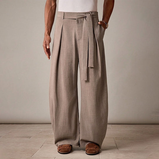 Herren nan weit geschnittene Leinenhose mit hoher Taille und Bindegürtel EB