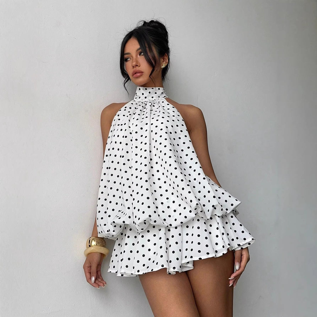 Damen modisches Polka-Dots Set mit hohem Kragen und voluminösen Ärmeln EB