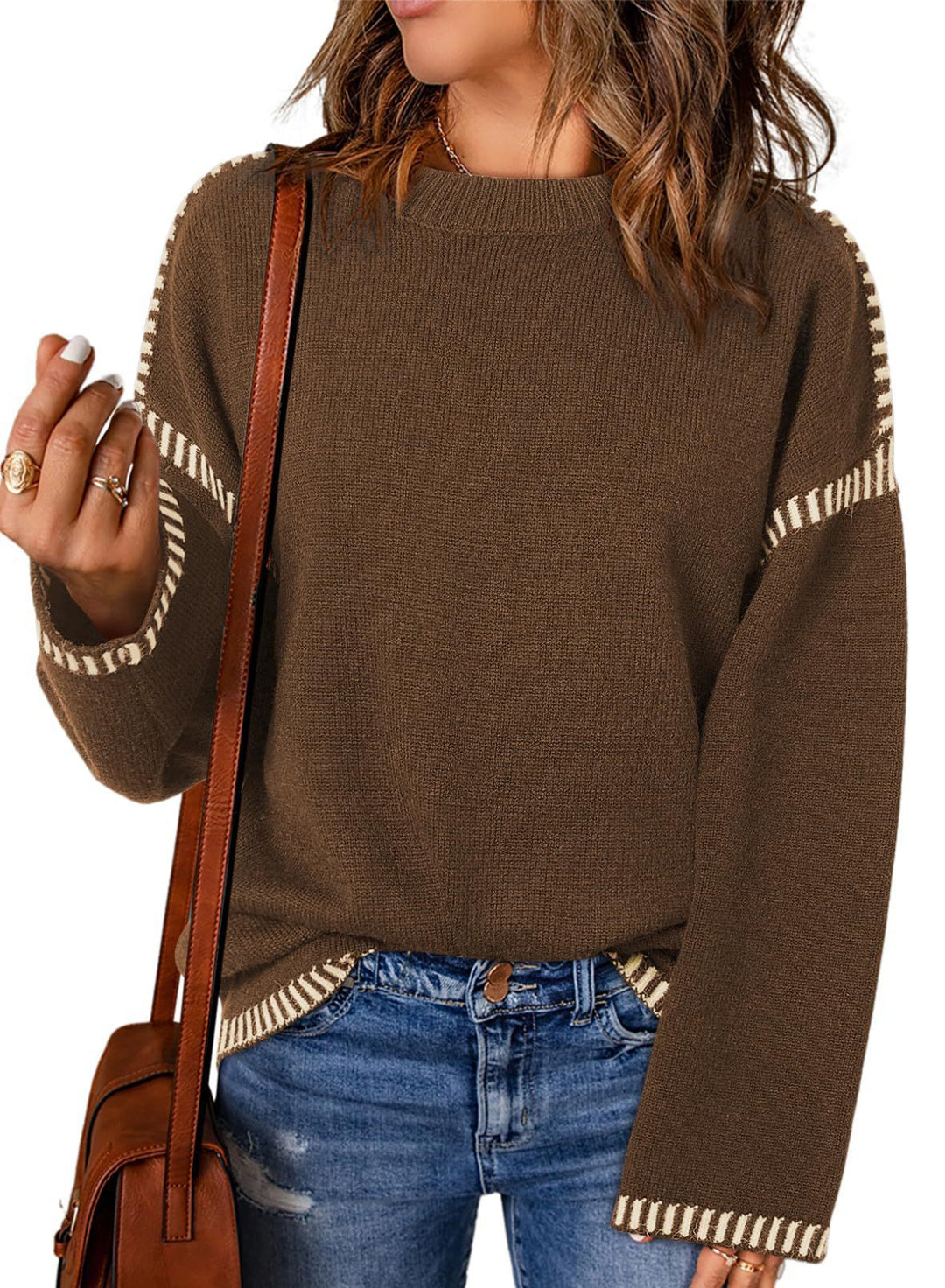 Damen modischer Pullover mit kontrastierenden Ärmelabschlüssen und legerem Schnitt EB