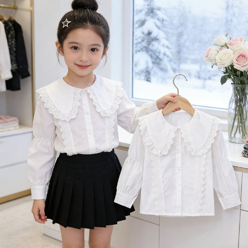 Mädchen Bluse mit eleganten Rüschen und großem Kragen EB