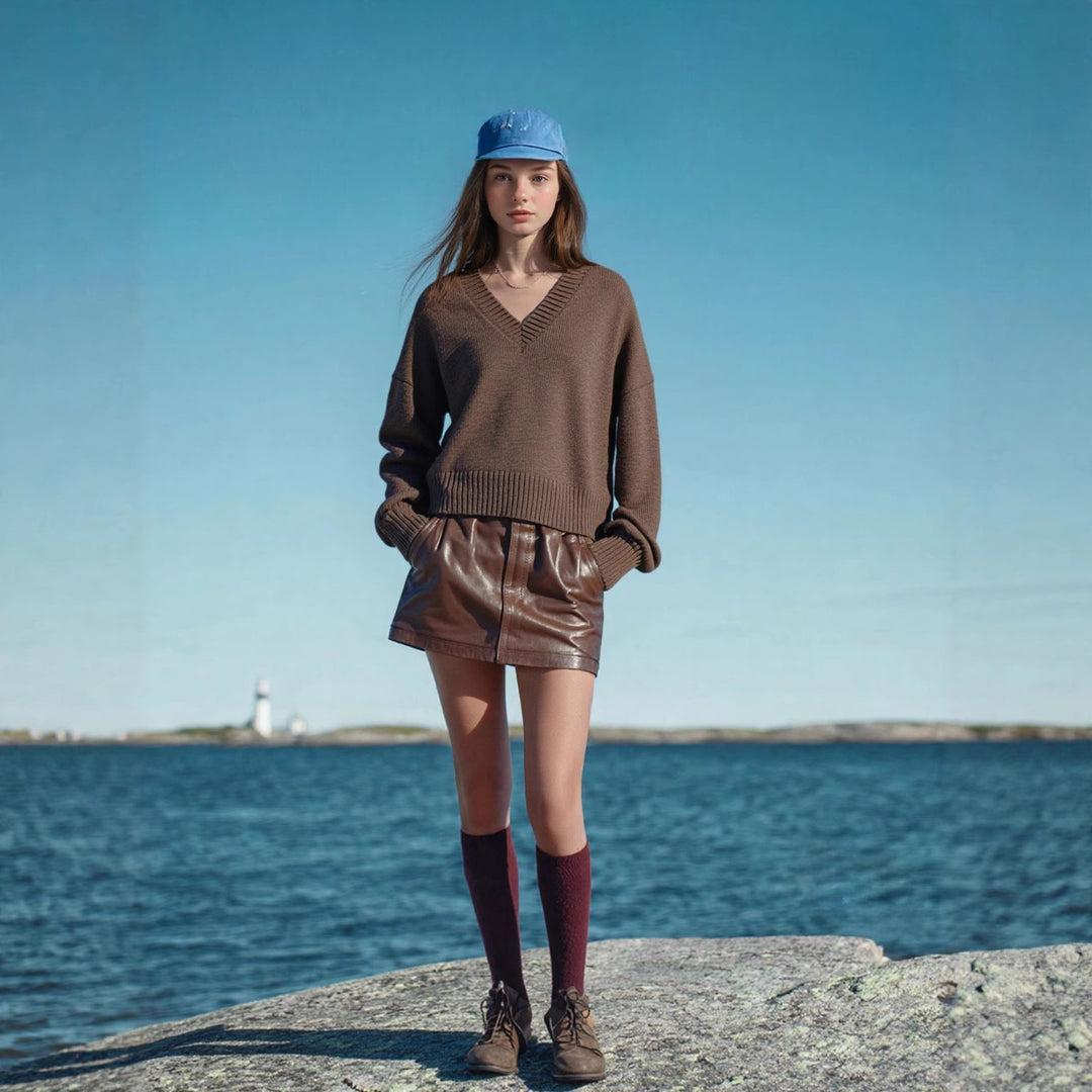 Damen V-Ausschnitt Strickpullover mit lässigem Schnitt EB