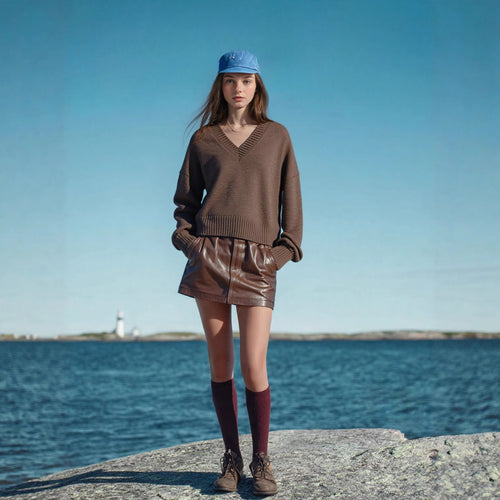 Damen V-Ausschnitt Strickpullover mit lässigem Schnitt EB
