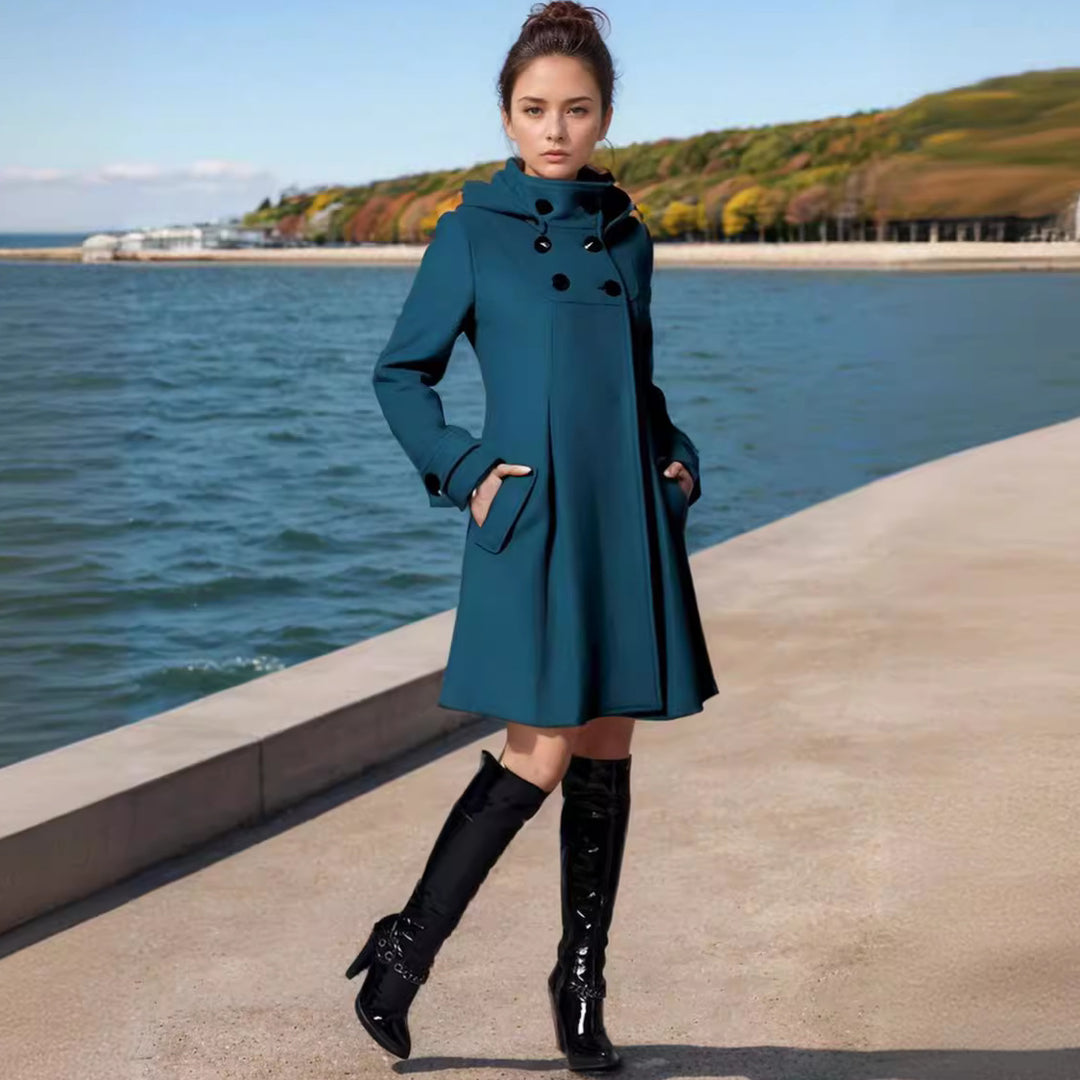 Damen eleganter Kapuzenmantel mit doppelter Knopfreihe und seitlichen Taschen EB