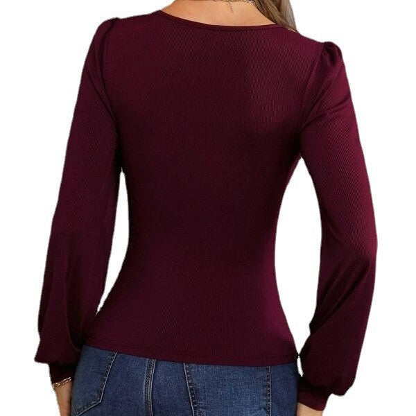 Damen figurbetontes Langarmshirt mit V-Ausschnitt und Ballonärmeln EB
