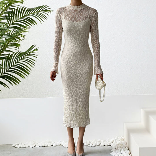 Damen Maxikleid aus transparenter Spitze mit eleganten Rüschendetails EB
