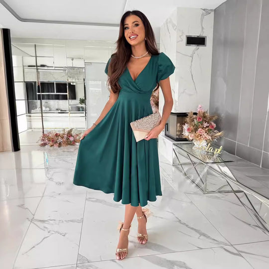 Damen A-Linie Kleid mit Puffärmeln und schmalem V-Ausschnitt EB