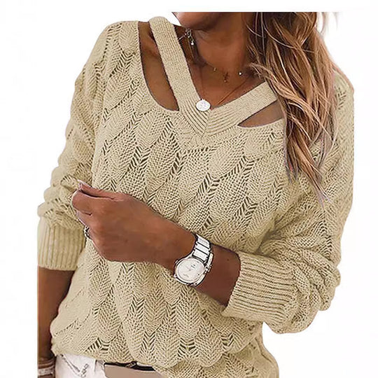Damen lässiger Strickpullover mit V-Ausschnitt und einzigartigem Cut-out-Design EB