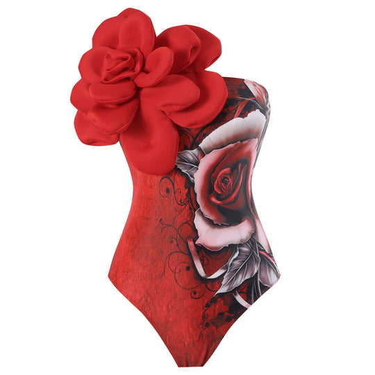 Damen Eleganter Badeanzug mit großem Blumen-Detail und transparentem Überrock EB