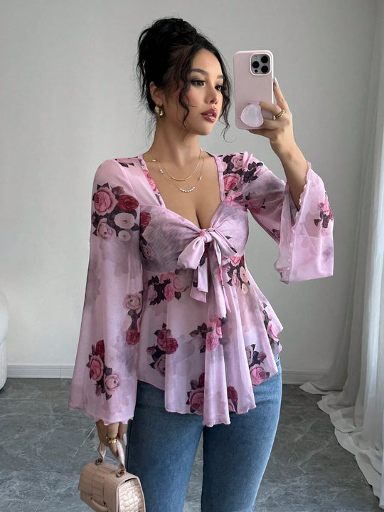 Damen luftige Bluse mit Blumenmuster EB