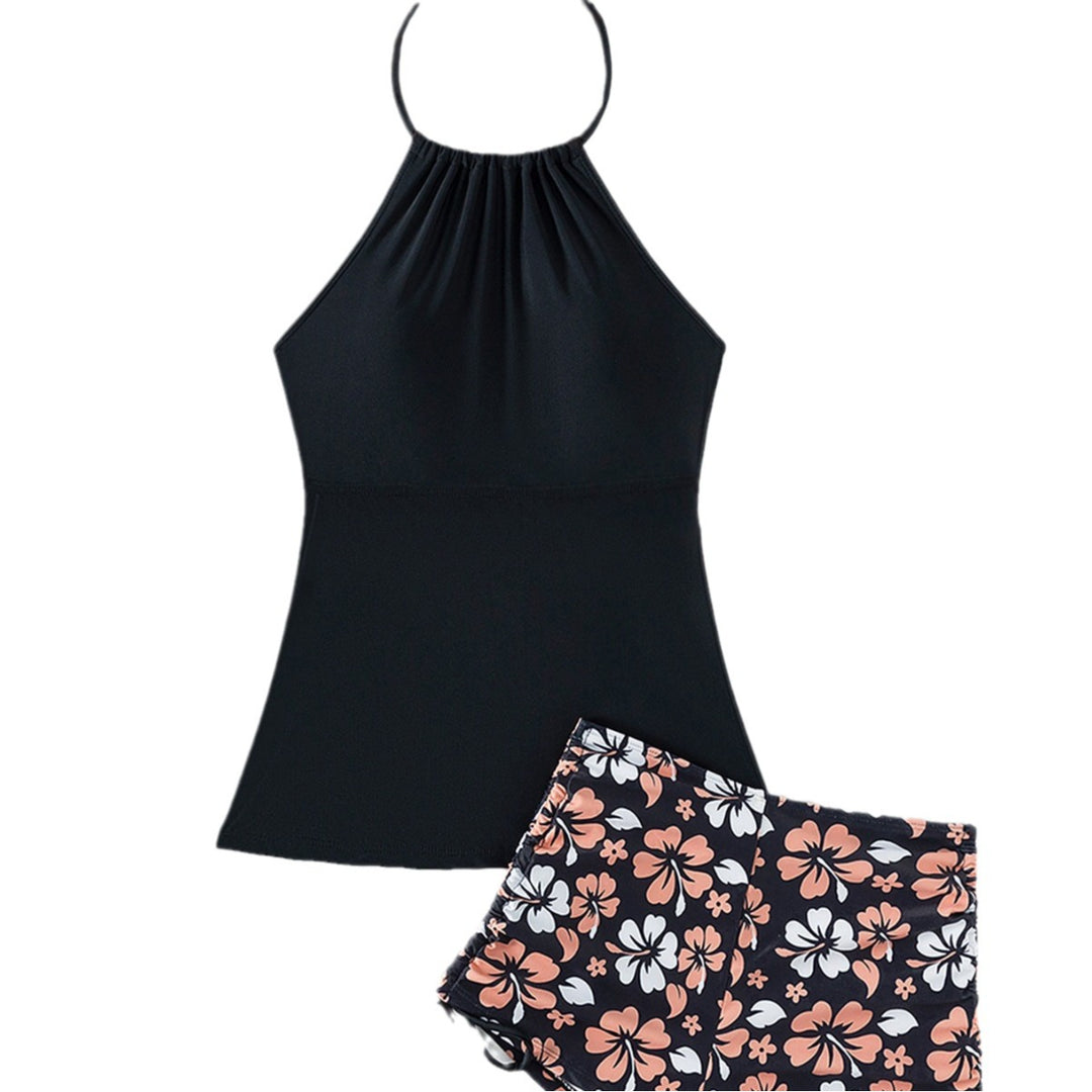 Damen Sport Top mit verstellbarem Nackenträger und floralem Muster Shorts EB