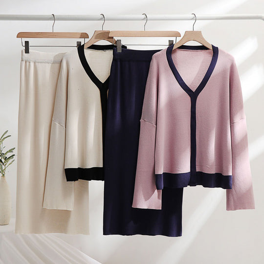 Damen elegantes Strick-Kombinationsset mit tiefem V-Ausschnitt und Kontrastdetails EB