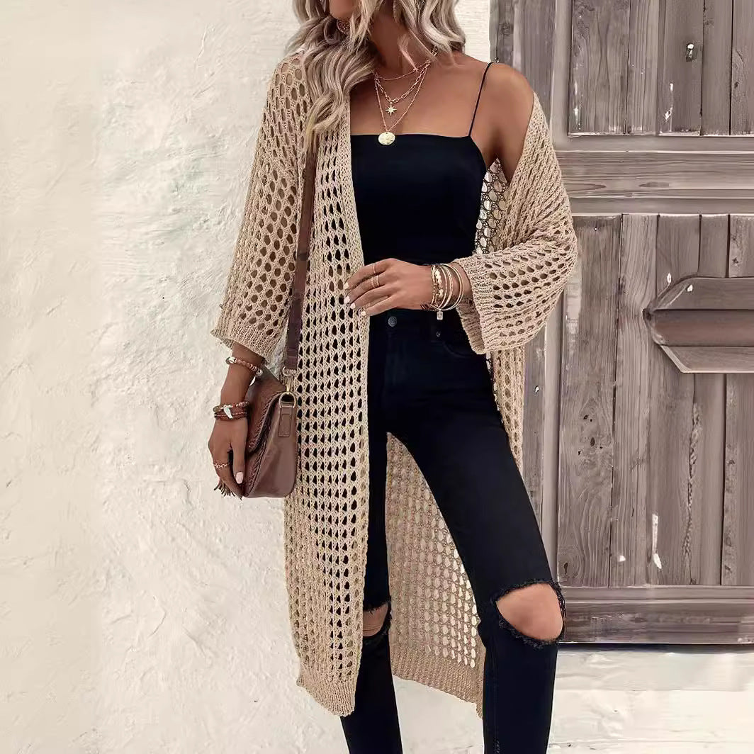 Damen Luftige Häkeljacke mit offenem Design und weiten Ärmeln EB