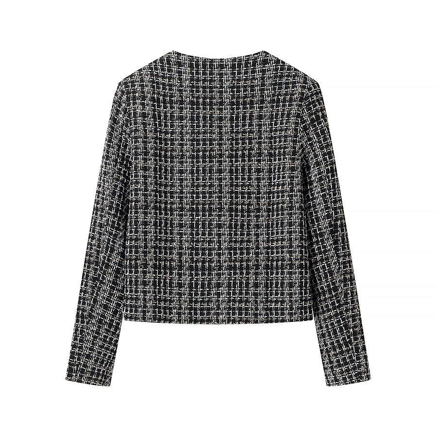 Damen elegante Kurzjacke im modischen Tweed-Stil mit goldenen Knopfdetails EB
