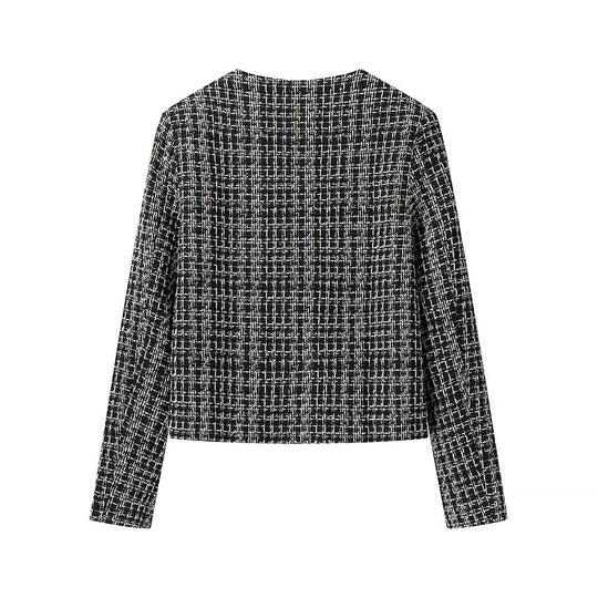 Damen elegante Kurzjacke im modischen Tweed-Stil mit goldenen Knopfdetails EB