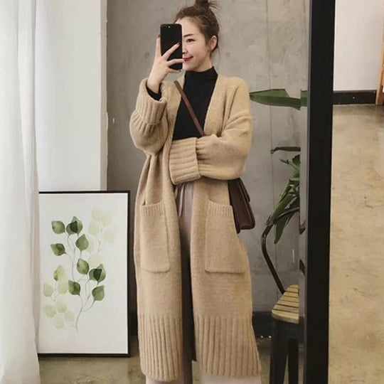 Damen Oversized Strickmantel mit praktischen Taschen und tiefem V-Ausschnitt EB