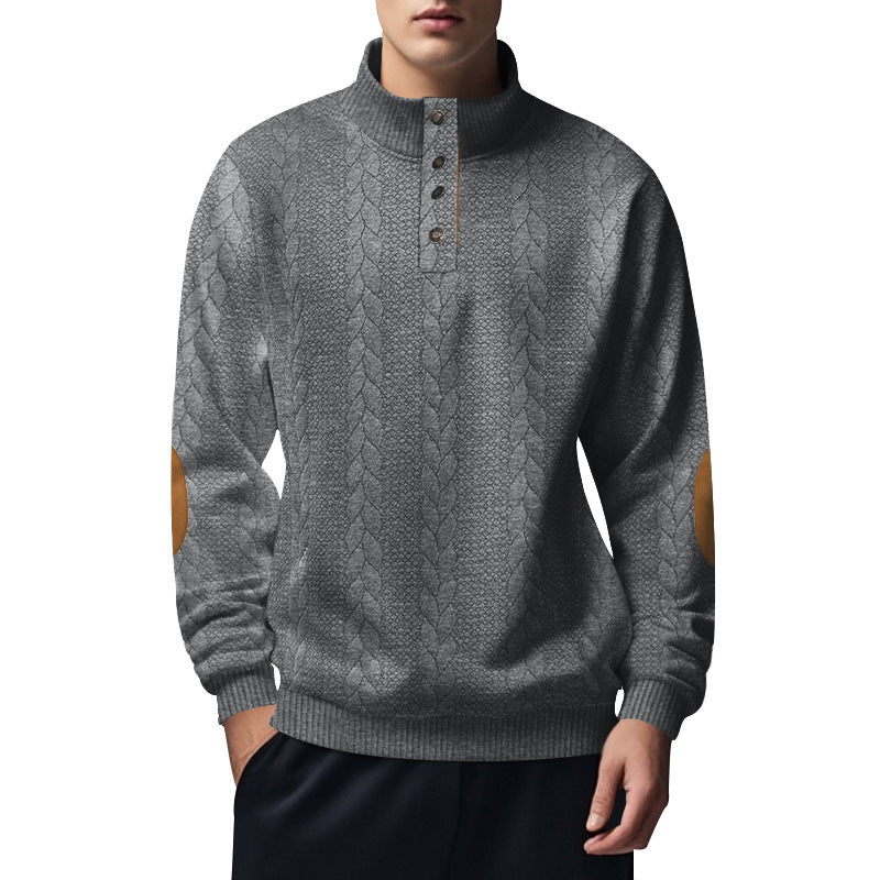 Herren nan strukturiertes Kabelstrick-Henley-Pullover mit Stehkragen und Ellbogenpatches EB