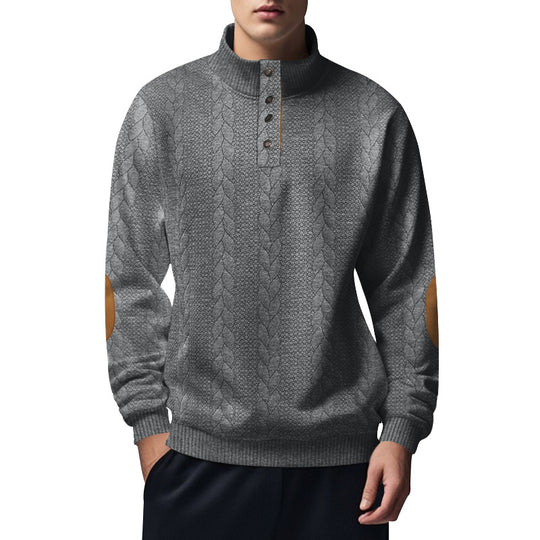 Herren nan strukturiertes Kabelstrick-Henley-Pullover mit Stehkragen und Ellbogenpatches EB